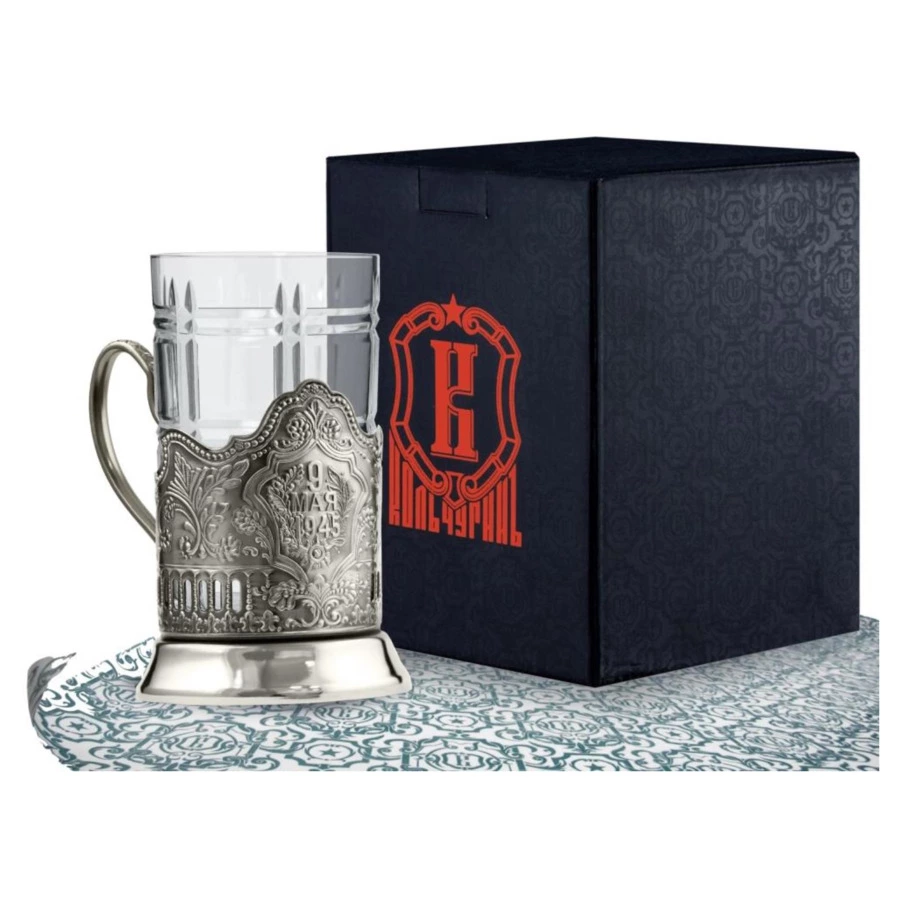 Стакан с подстаканником Кольчугинский мельхиор 9 Мая никелированный с чернением, латунь