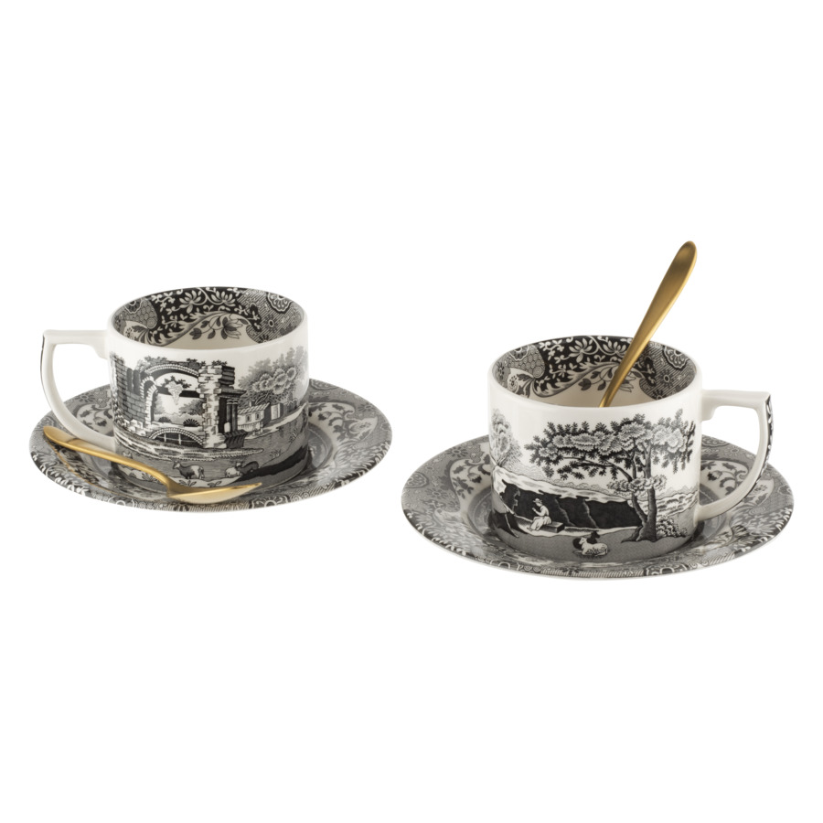 Набор чашек чайных с блюдцами и чайными ложками Spode Черная Италия 280 мл, 2 шт, лимитированный вып