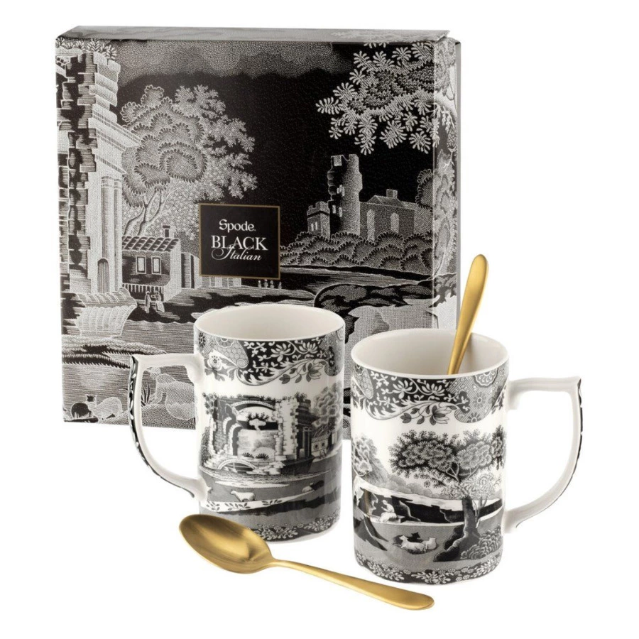Набор кружек с чайными ложками Spode Черная Италия 340 мл, 2шт, лимитированный выпуск