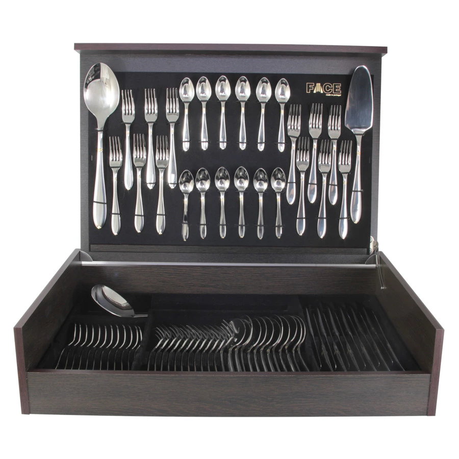 Набор столовых приборов Face Julia Gold на 12 персон 75 предметов, золотой декор, деревянный короб