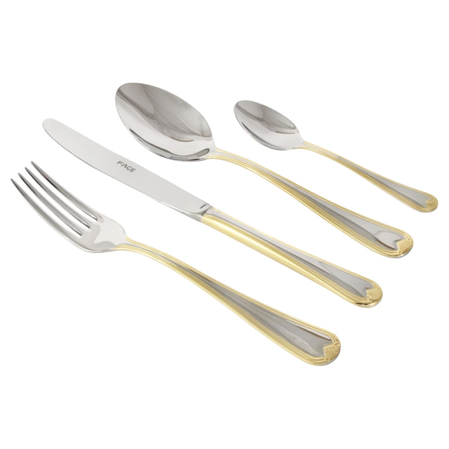 Набор столовых приборов Face Santorini Gold на 6 персон 24 предмета, золотой кант, деревянный короб