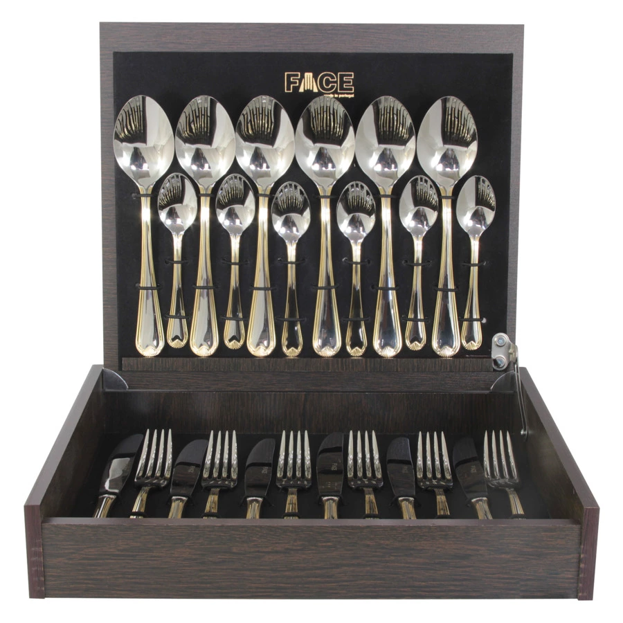 Набор столовых приборов Face Santorini Gold на 6 персон 24 предмета, золотой кант, деревянный короб