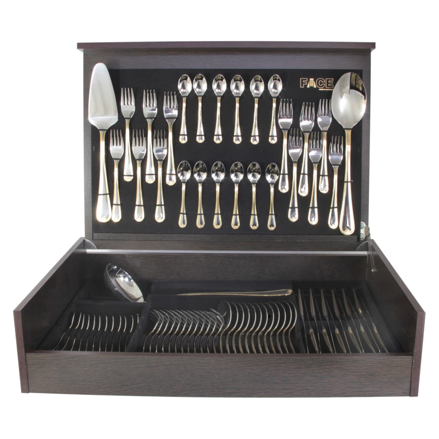 Набор столовых приборов Face Santorini Gold на 12 персон 75 предметов, золотой кант, дерев. коробка