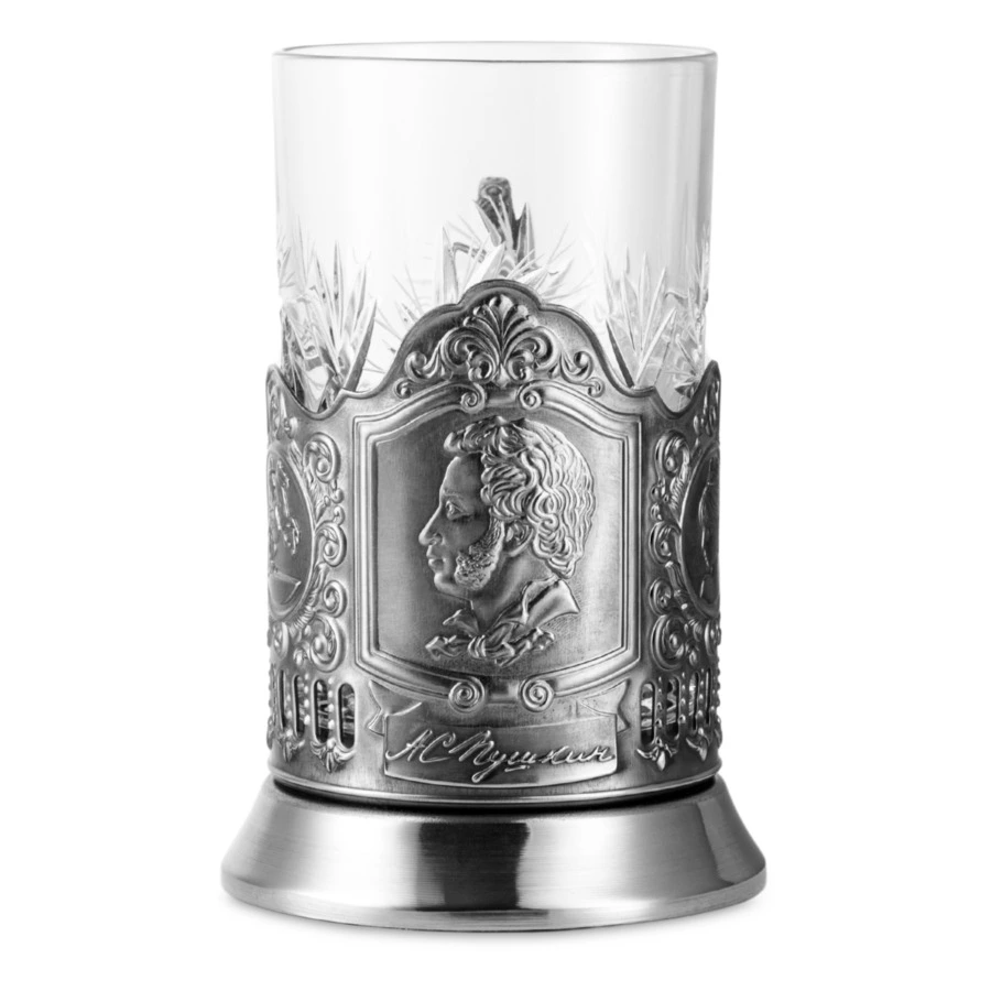 Стакан с подстаканником Кольчугинский мельхиор Пушкин никелированный с чернением, латунь