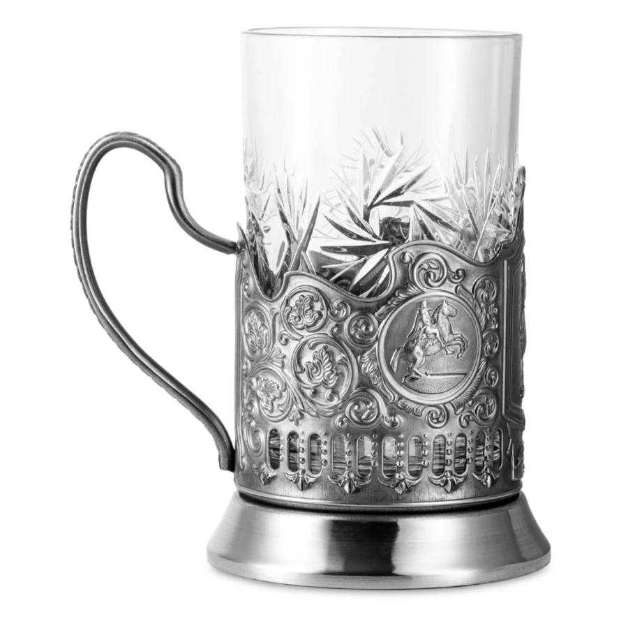 Стакан с подстаканником Кольчугинский мельхиор Пушкин никелированный с чернением, латунь