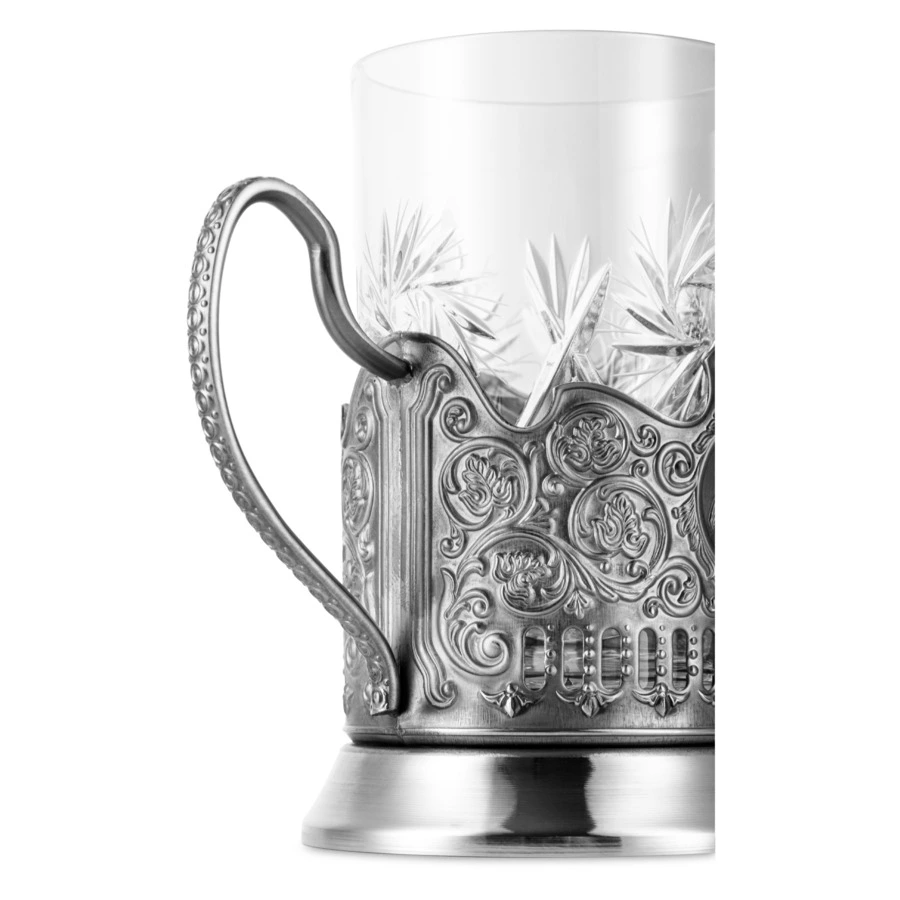 Стакан с подстаканником Кольчугинский мельхиор Пушкин никелированный с чернением, латунь