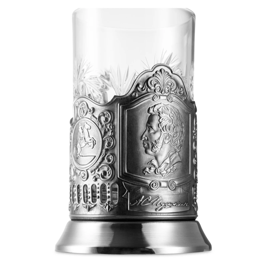 Стакан с подстаканником Кольчугинский мельхиор Пушкин никелированный с чернением, латунь