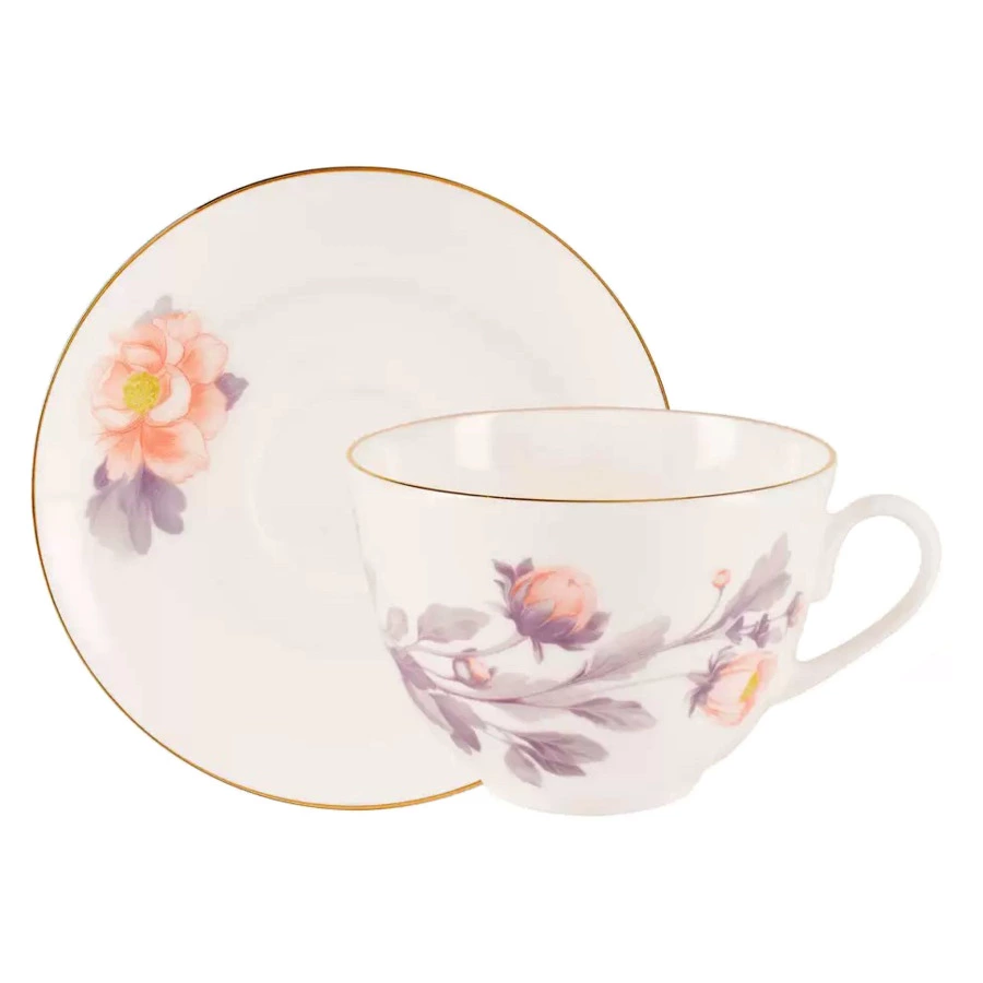 Чашка чайная с блюдцем ИФЗ Нежный пион Весенняя 250 мл, фарфор костяной, серый
