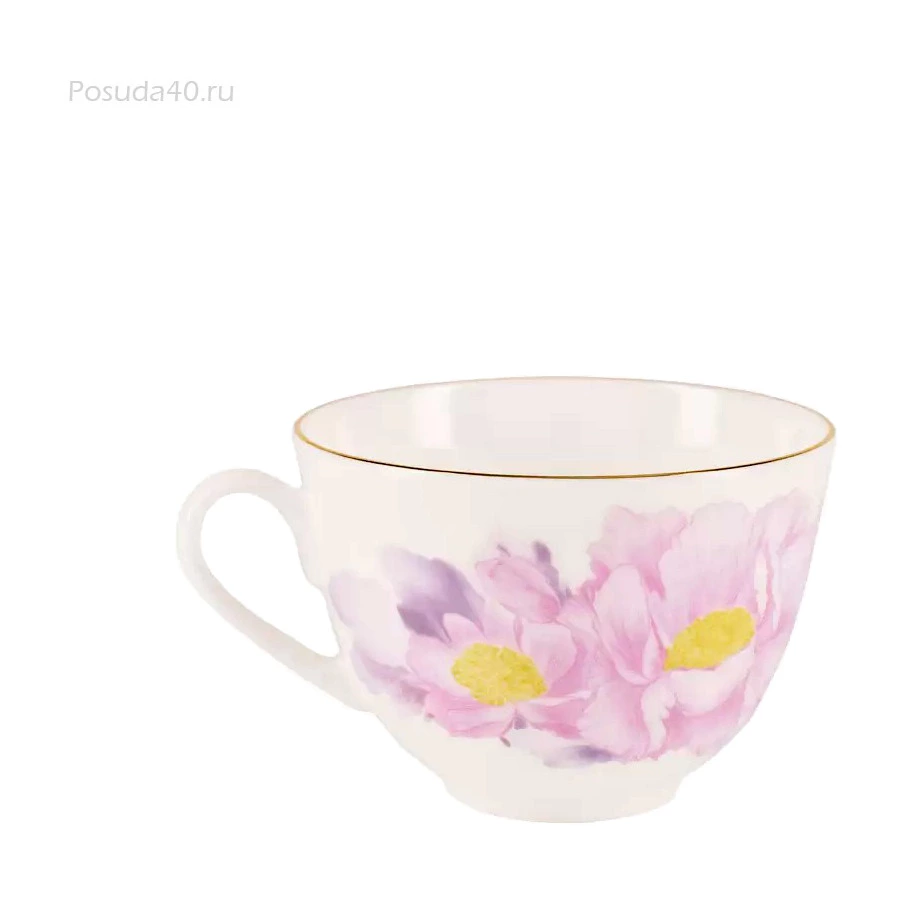 Чашка чайная с блюдцем ИФЗ Нежный пион Весенняя 250 мл, фарфор костяной, сиреневый
