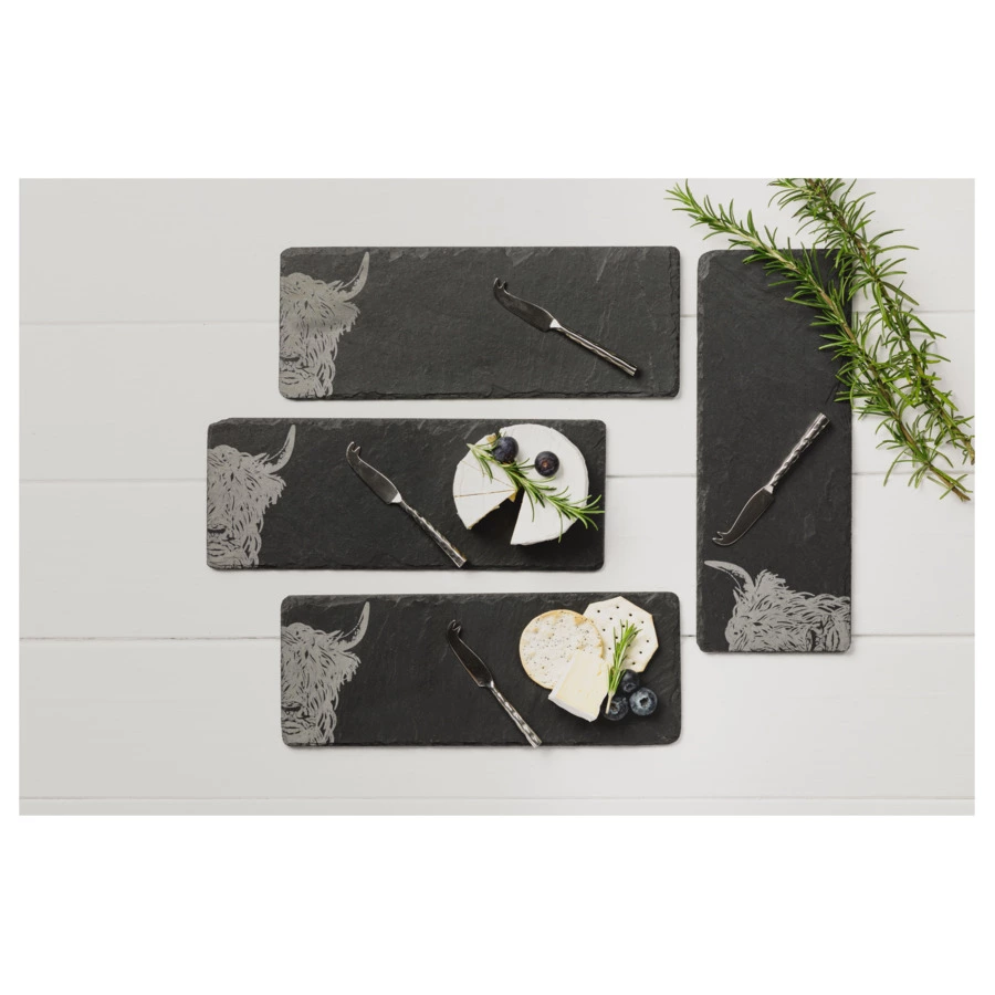 Набор сервировочных досок с ножами The Just Slate Company Высокогорный бык  29x11 см, 4 шт