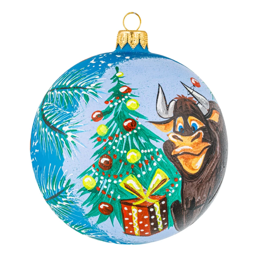 Игрушка елочная шар Bartosh Бычок у новогодней елки, стекло