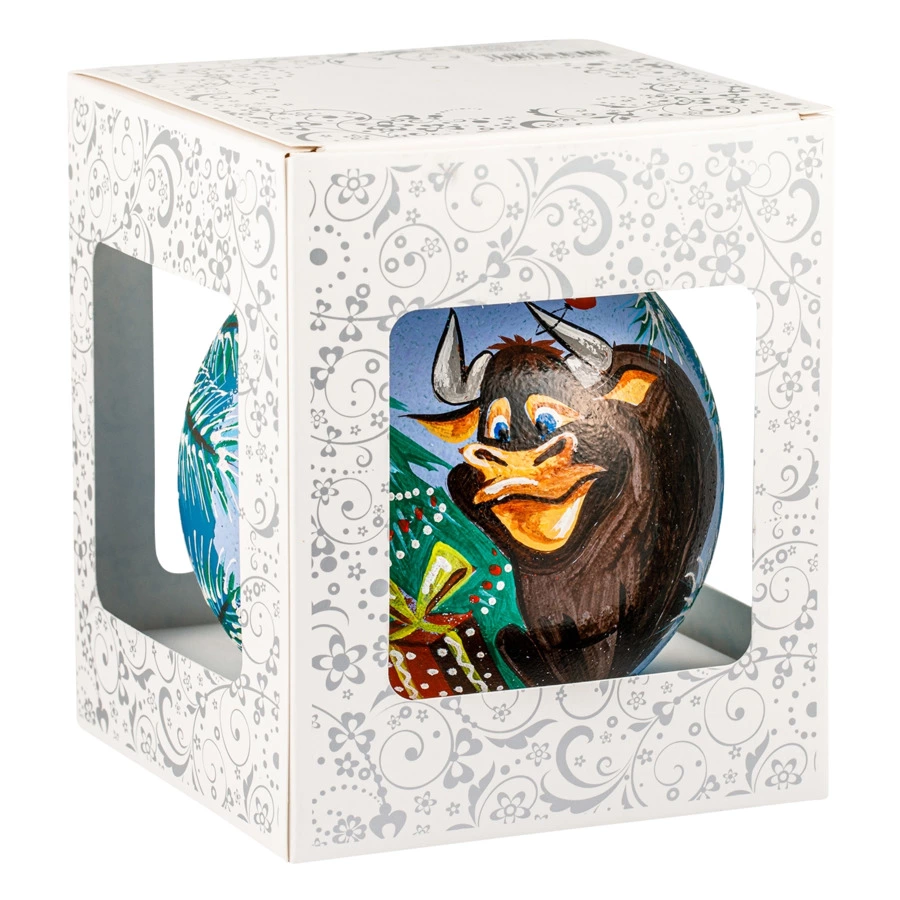 Игрушка елочная шар Bartosh Бычок у новогодней елки, стекло