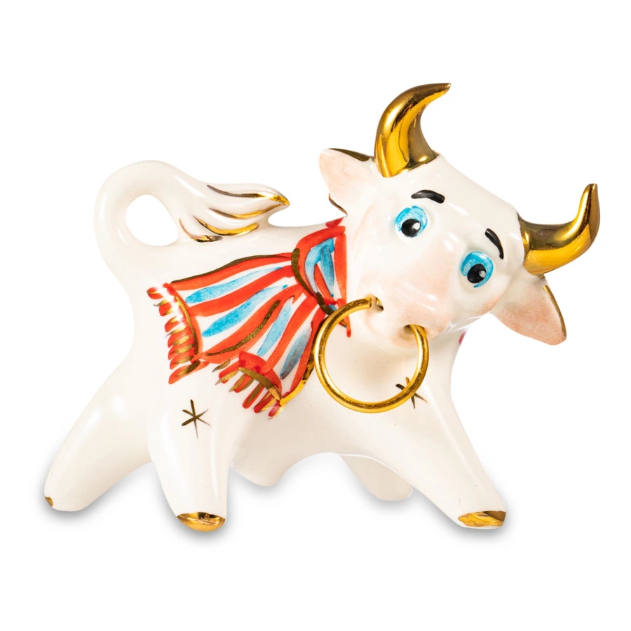 Елочная игрушка фарфоровая "Бычок в шарфике", 8см