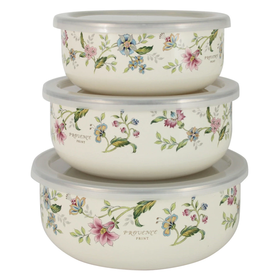 Набор из 3 эмалированных мисок с крышками Ejiry Прованс 14/16/18см, молочный