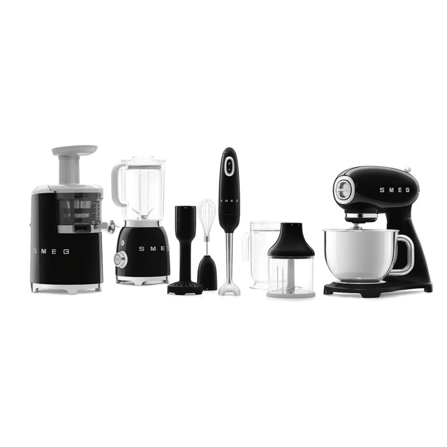 Миксер планетарный SMEG SMF03BLEU, 800 Вт, чаша стальная 4,8л, 3 насадки, алюминий литой, черный