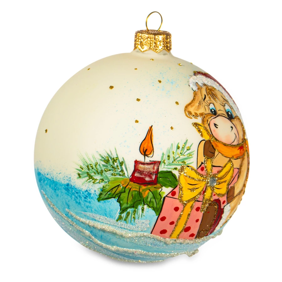 Елочное украшение шар IRENA KO "Бычок с подарком" , d10см, стекло, п/к