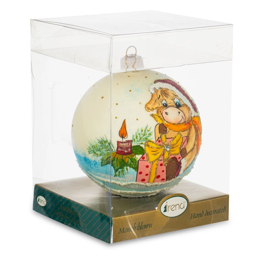 Елочное украшение шар IRENA KO "Бычок с подарком" , d10см, стекло, п/к