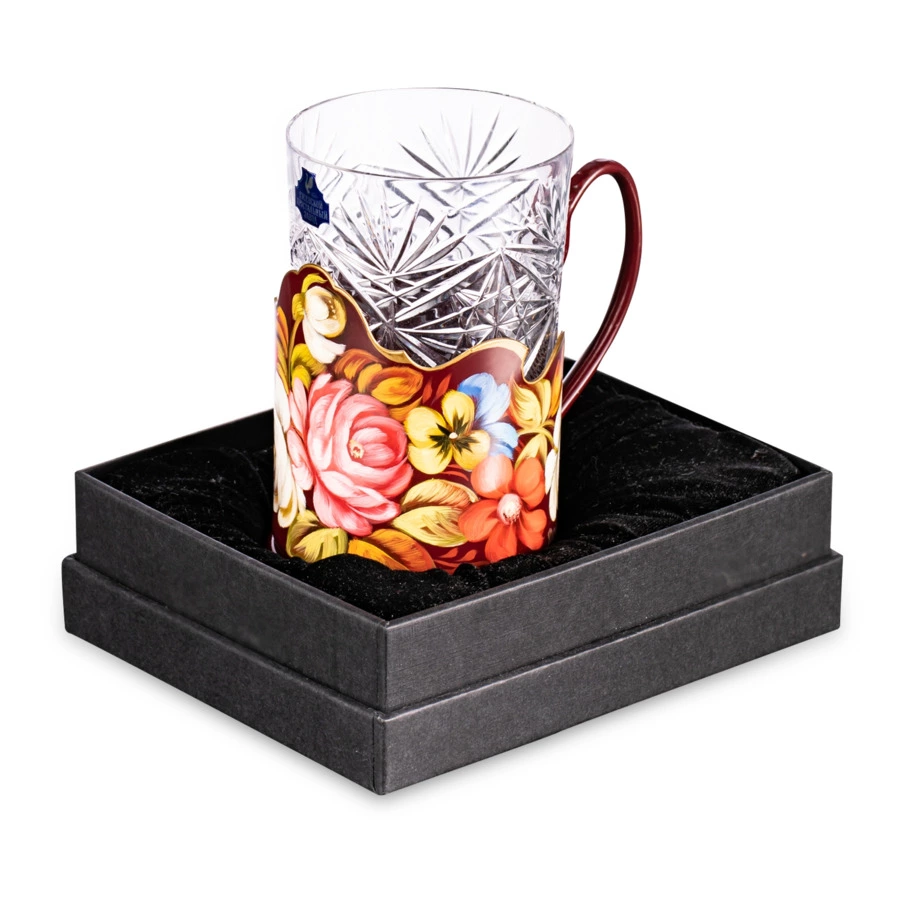 Подстаканник с хрустальным стаканом Жостовская фабрика декоративной росписи 15см, латунь