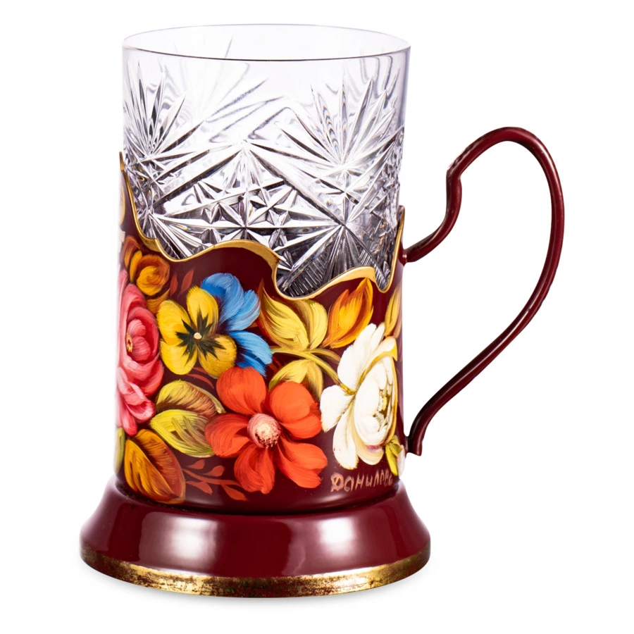 Подстаканник с хрустальным стаканом Жостовская фабрика декоративной росписи 15см, латунь