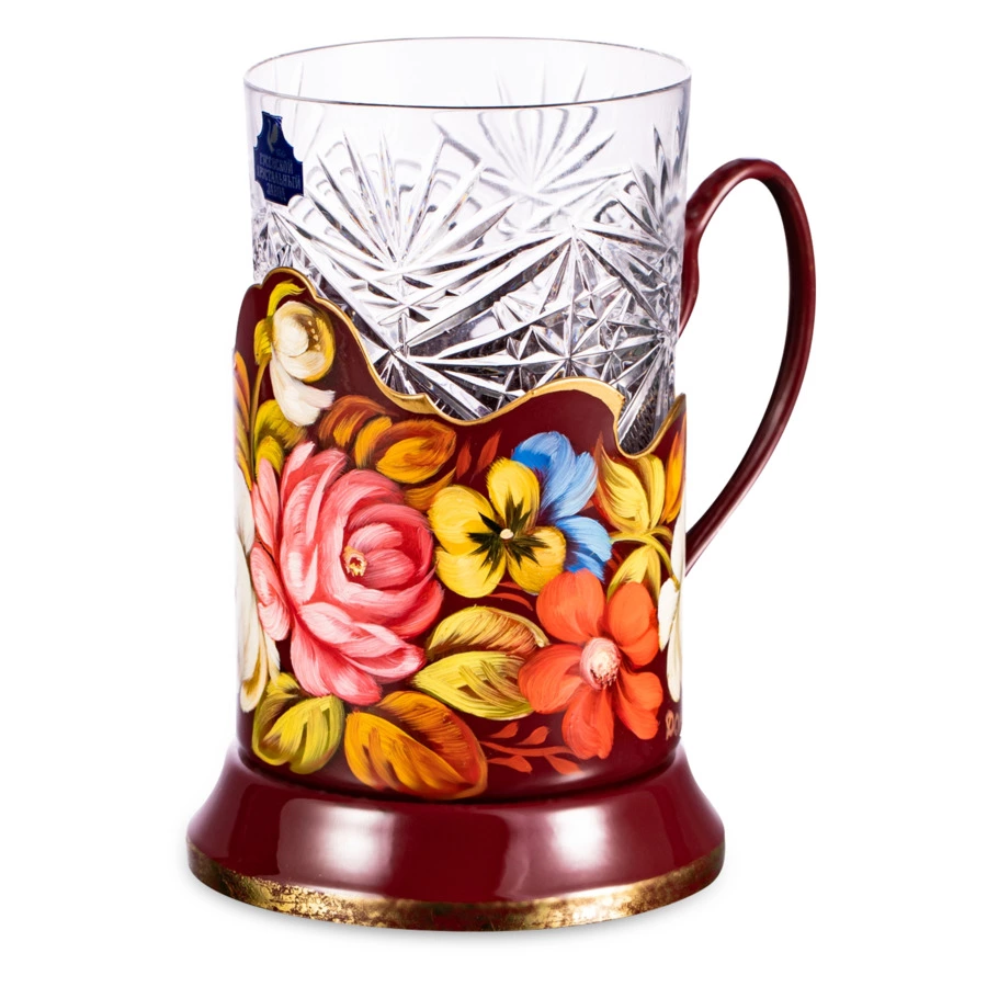 Подстаканник с хрустальным стаканом Жостовская фабрика декоративной росписи 15см, латунь