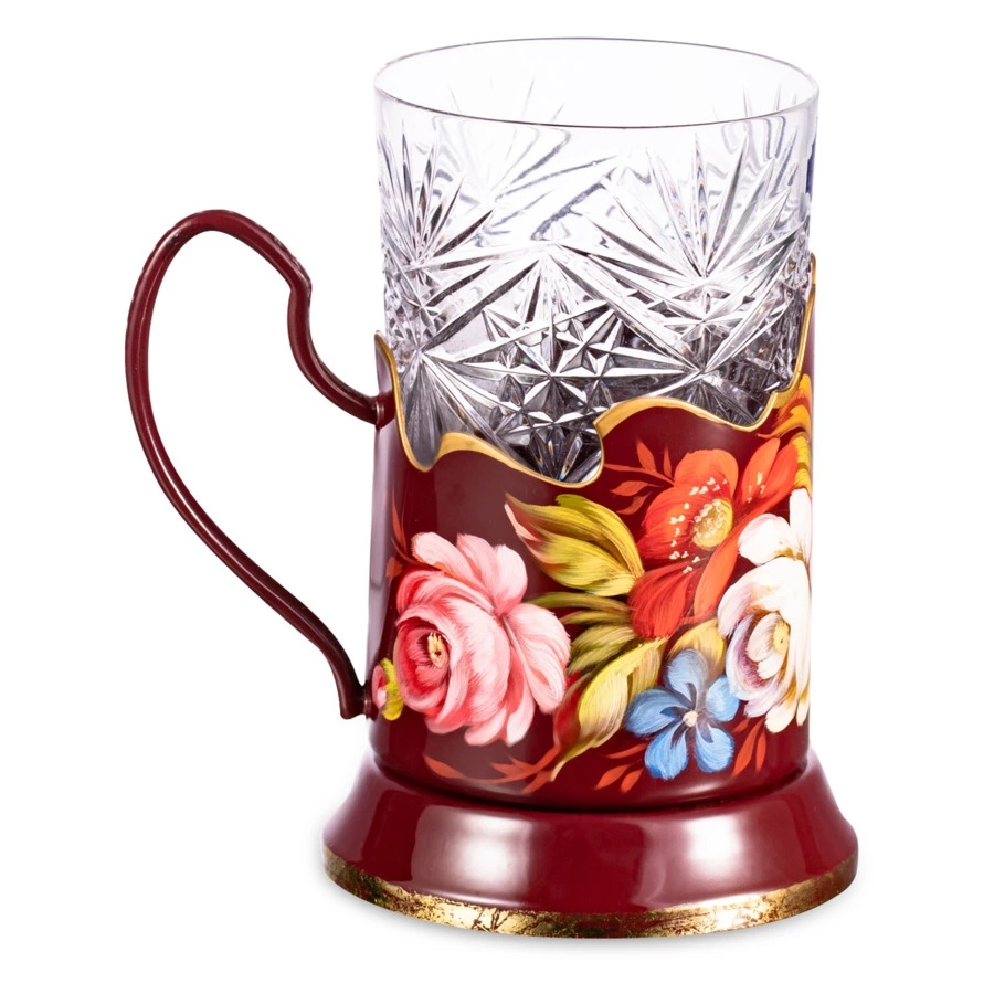 Подстаканник с хрустальным стаканом Жостовская фабрика декоративной росписи 15см, латунь