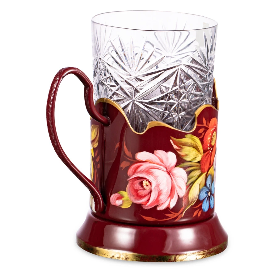 Подстаканник с хрустальным стаканом Жостовская фабрика декоративной росписи 15см, латунь