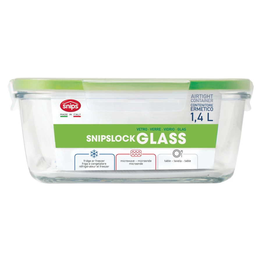 Контейнер квадратный SNIPS 1,4 л, 18х18х8,5 см, для СВЧ и заморозки, стекло, зеленый