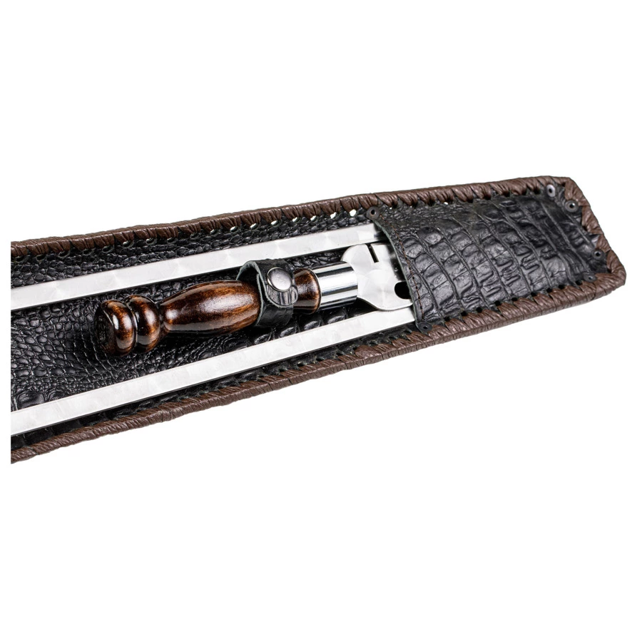 Набор шампуров с ножом для снятия мяса в кожаном колчане Медведь №3, 50 см, 8 предметов