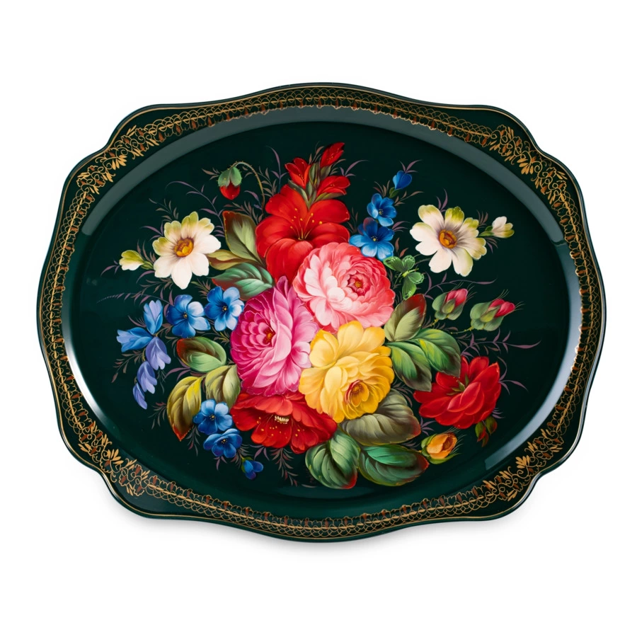 Поднос Жостовская фабрика декоративной росписи НХПР Подарок 52х42 см, черный, сталь, п/к