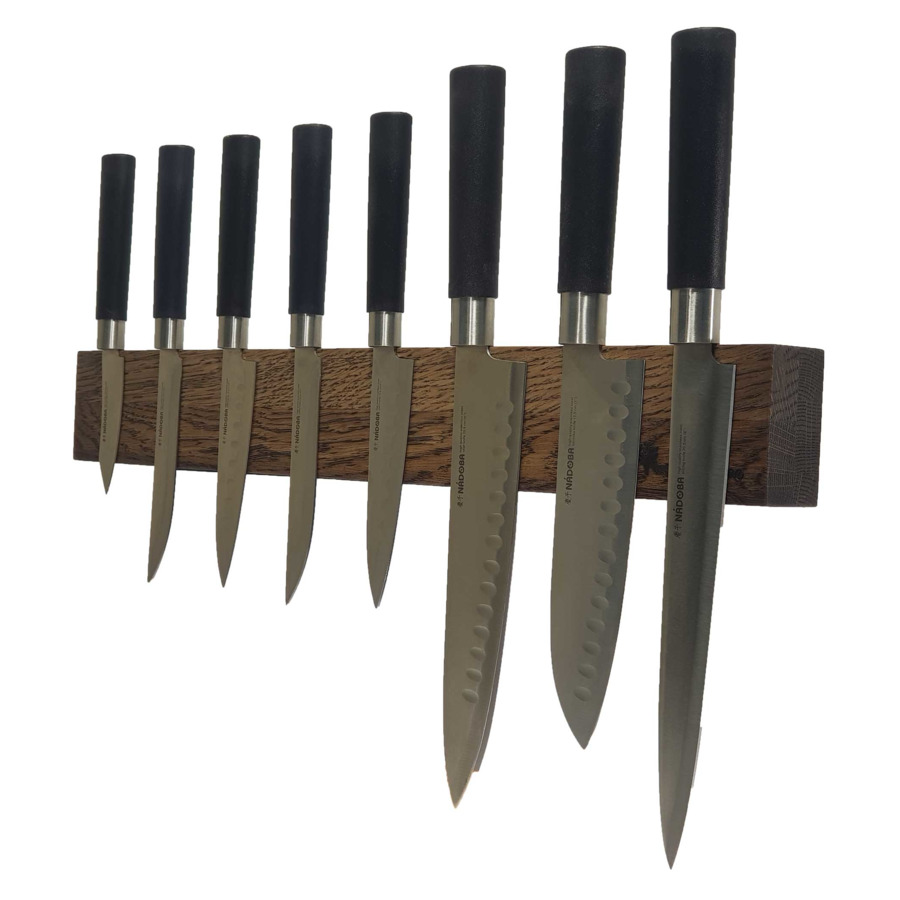 Настенный магнитный держатель для 8 кухонных ножей Woodinhome 49х3,5х6,5 см, темно-коричневый,  дуб