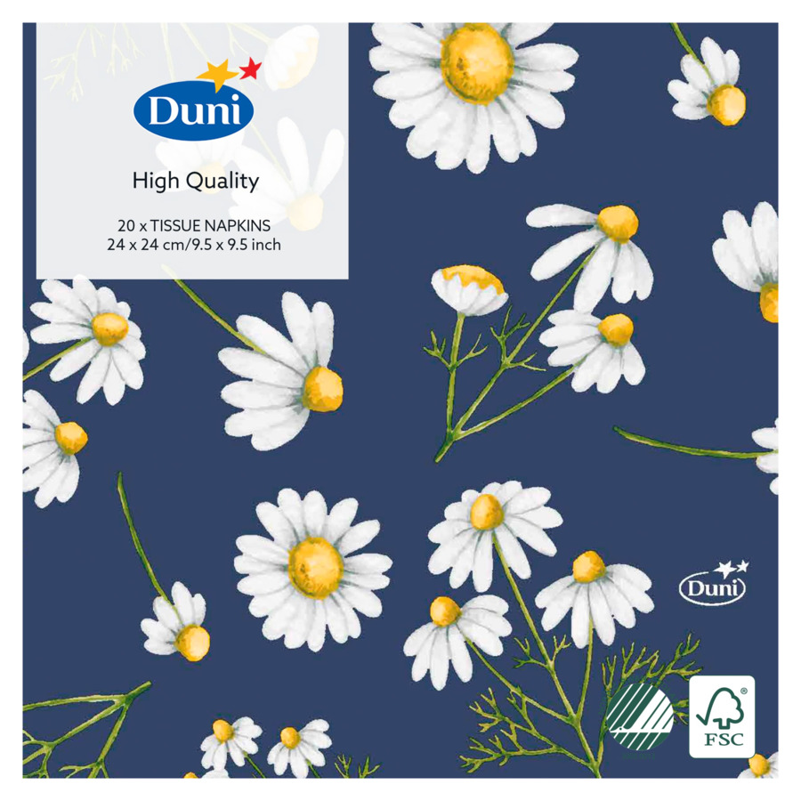 Салфетки бумажные трехслойные Duni Pretty Daisy Blue 24х24 см