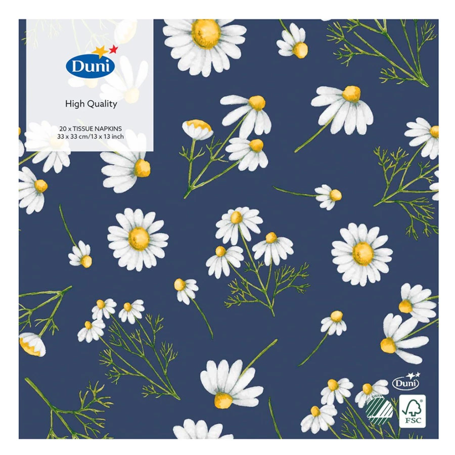 Салфетки бумажные трехслойные Duni Pretty daisy blue 33х33 см, бумага