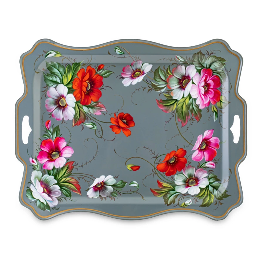 Поднос прямугольный Жостовская фабрика декоративной росписи Настроение 48х39см, сталь, черный, п/к