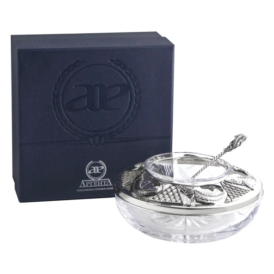 Икорница с ложкой в футляре АргентА Classic Осетр 284,84 г, серебро 925