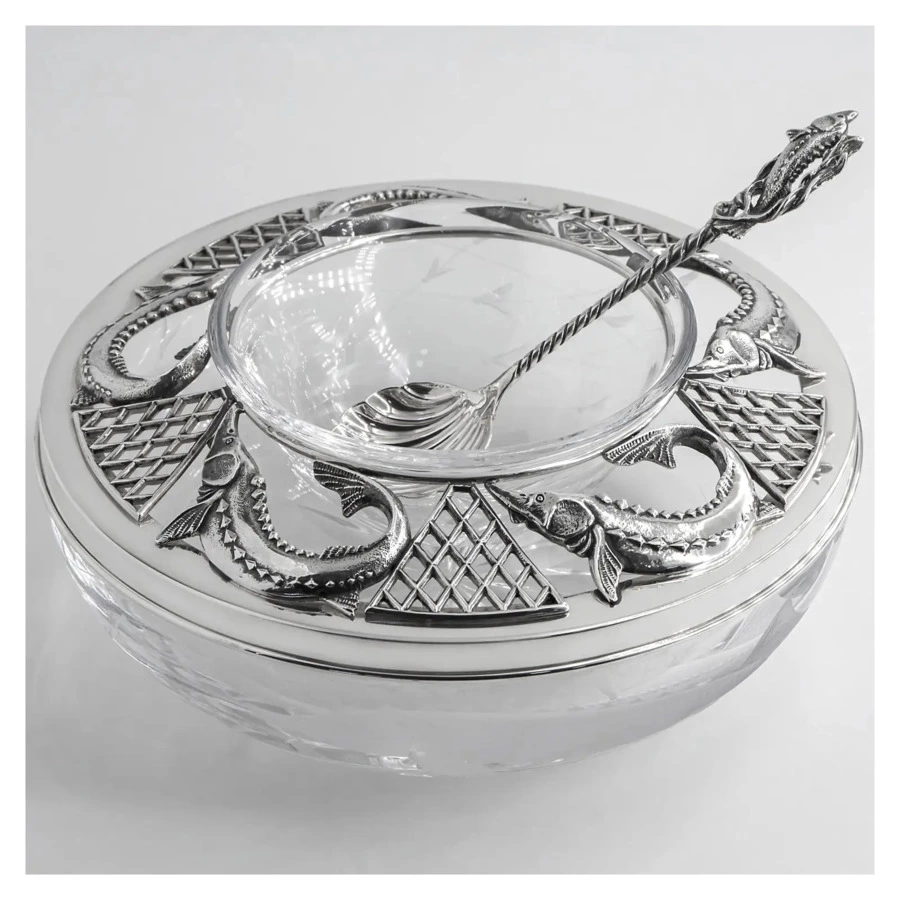 Икорница с ложкой в футляре АргентА Classic Осетр 284,84 г, серебро 925