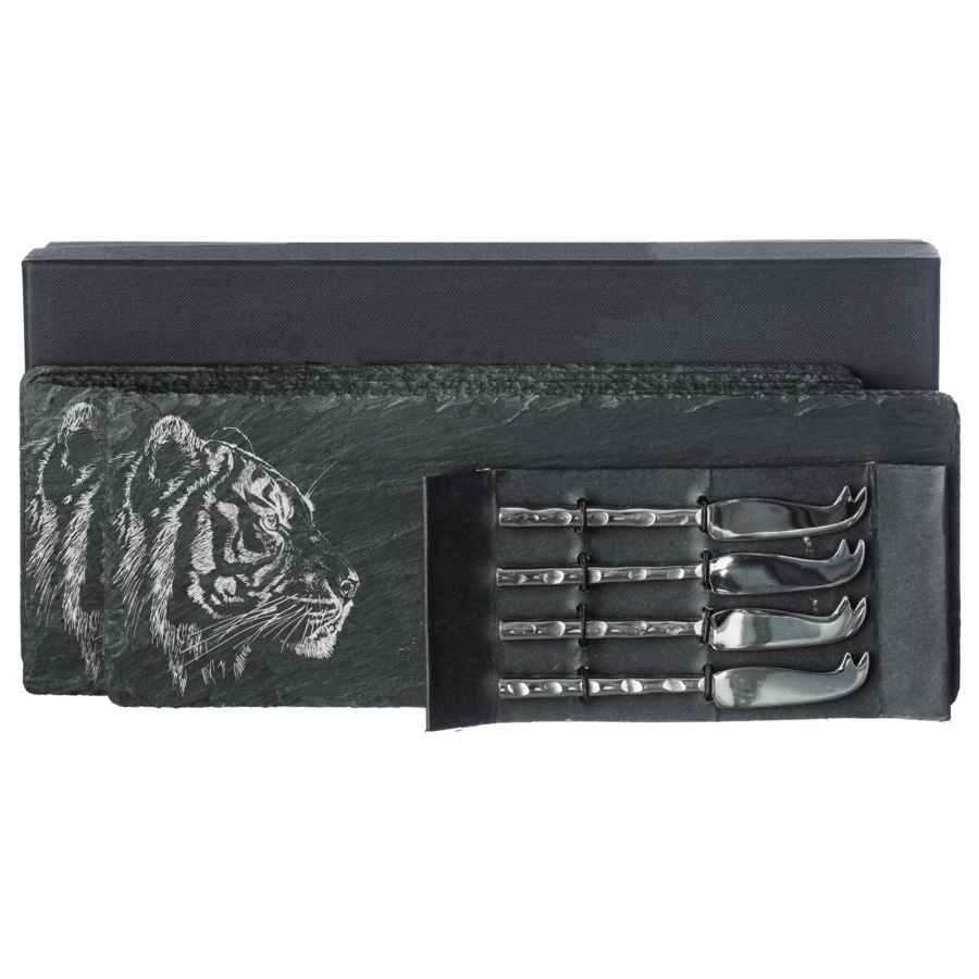 Набор сервировочных досок с ножами The Just Slate Company Тигр 29x11 см, 4 шт, п/к