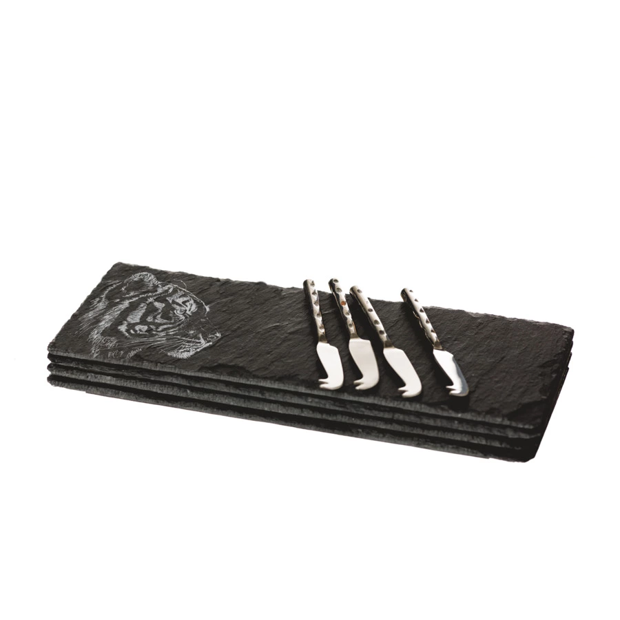 Набор сервировочных досок с ножами The Just Slate Company Тигр 29x11 см, 4 шт, п/к
