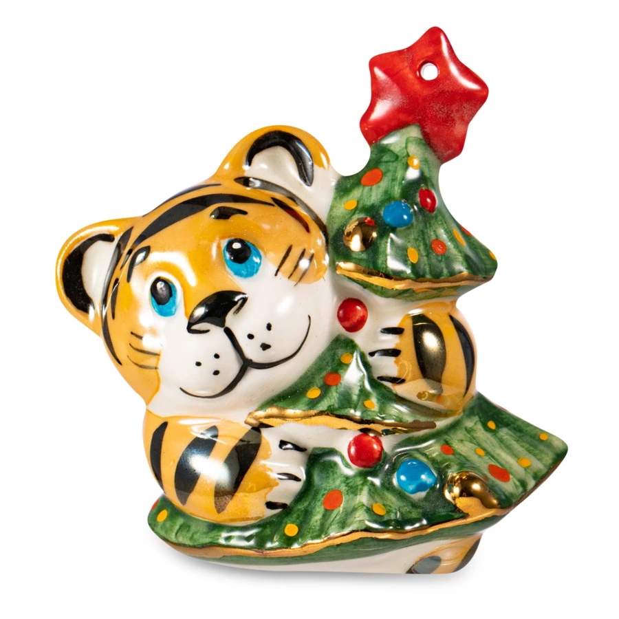 Елочная игрушка Кукольная мастерская на Ланском Тигренок с елочкой 8 см, фарфор