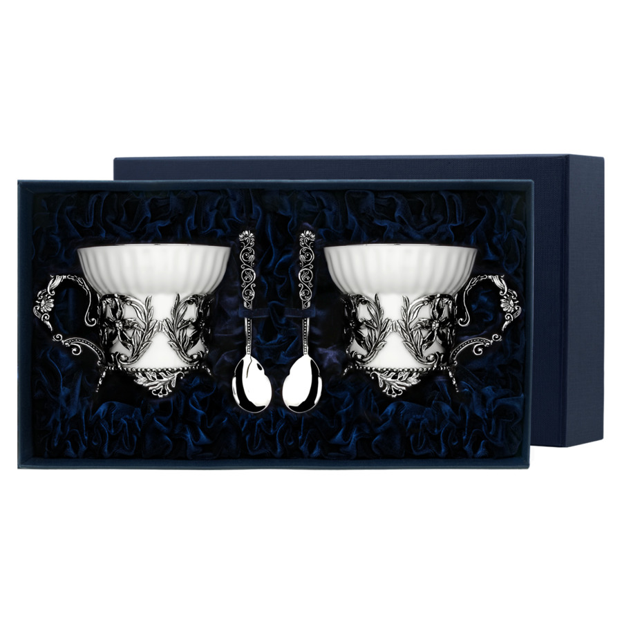 Набор чайный в футляре АргентА Симфония 221,02 г, на 2 персоны 4 предмета, серебро 925 чашка чайная витая из чернёного серебра