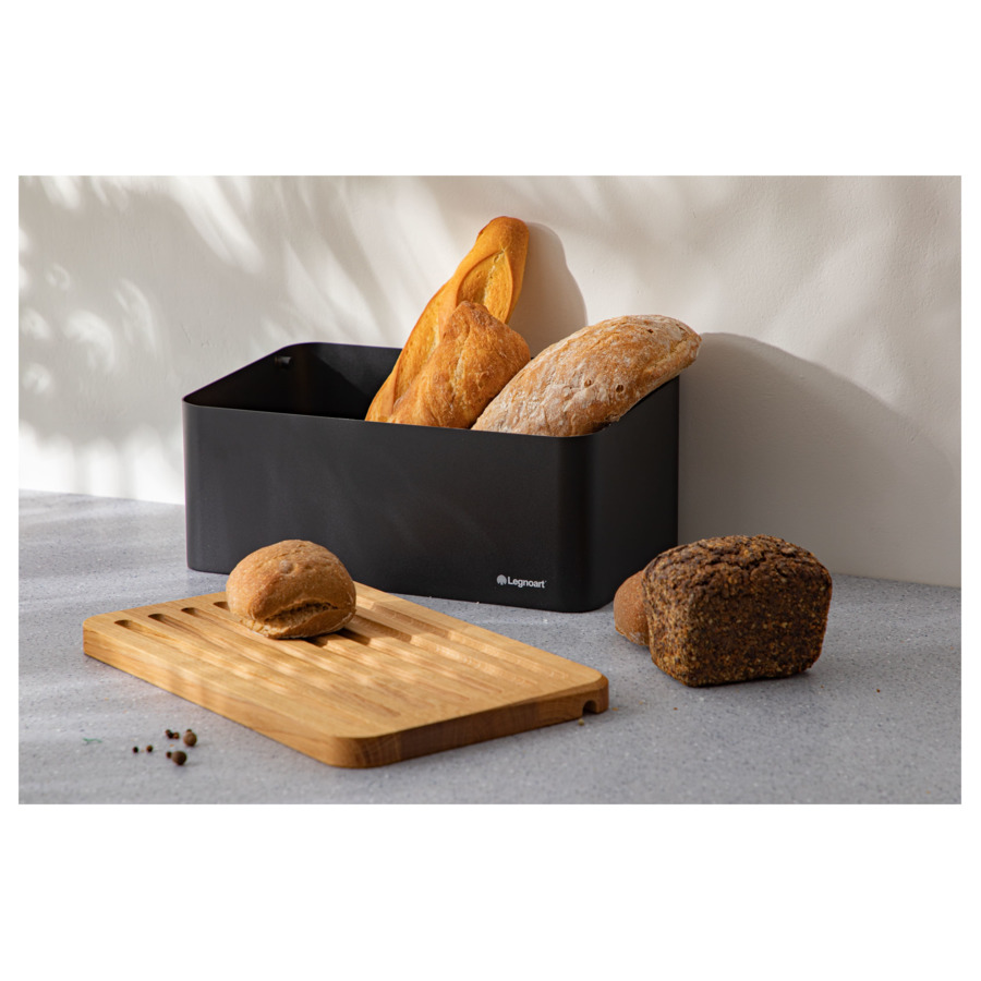 Хлебница с крышкой-доской Legnoart Crispy 40х20,5х17,5 см, крышка из дуба, металл, черная