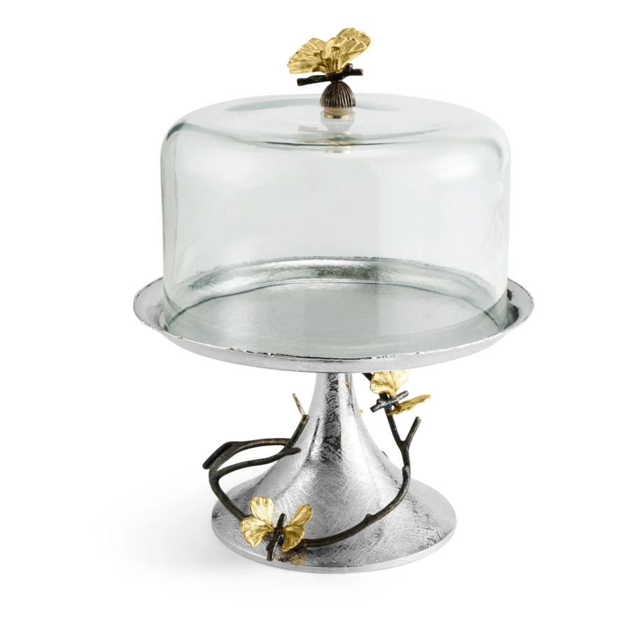Блюдо на ножке для торта с крышкой Michael Aram Бабочки гинкго 23,5х30 см, сталь нержавеющая