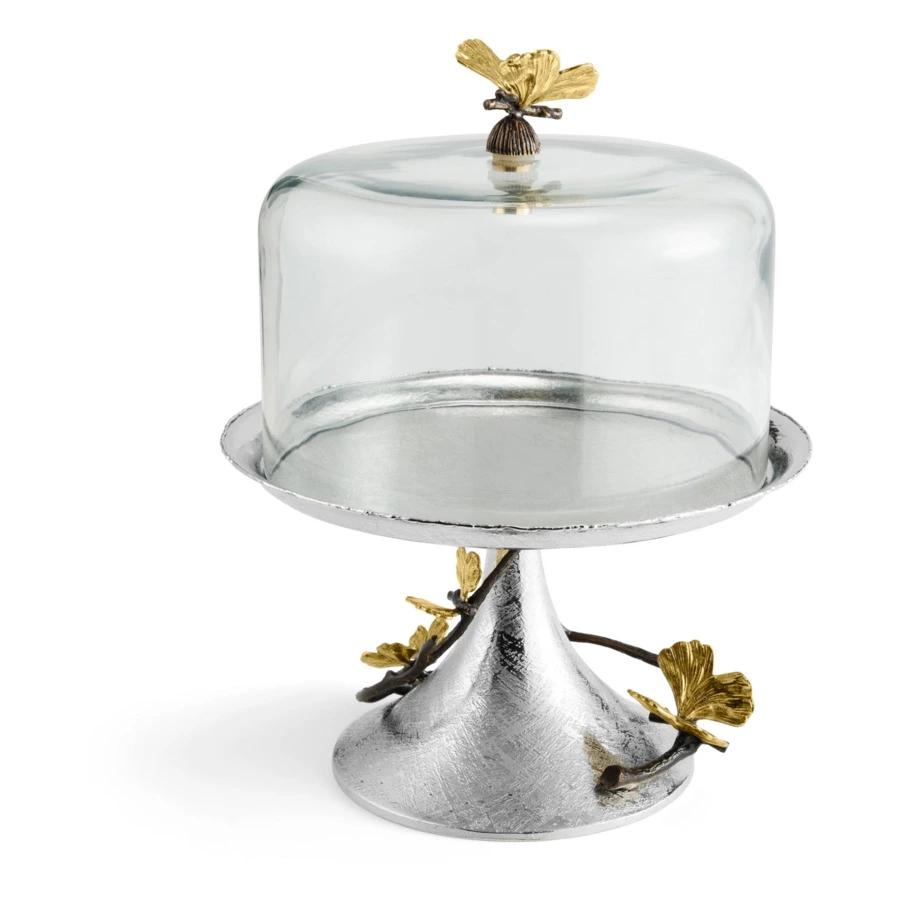 Блюдо на ножке для торта с крышкой Michael Aram Бабочки гинкго 23,5х30 см, сталь нержавеющая