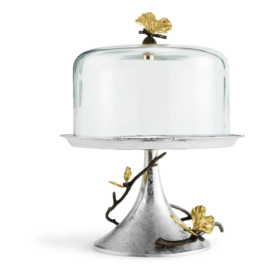 Блюдо на ножке для торта с крышкой Michael Aram Бабочки гинкго 23,5х30 см, сталь нержавеющая