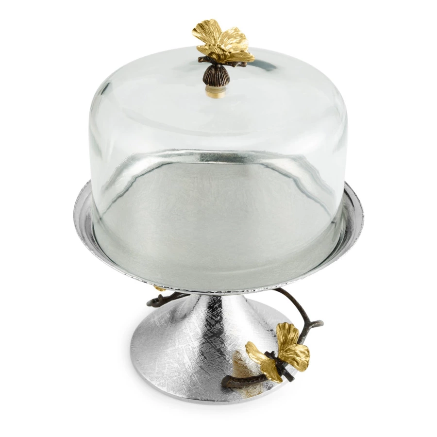 Блюдо на ножке для торта с крышкой Michael Aram Бабочки гинкго 23,5х30 см, сталь нержавеющая