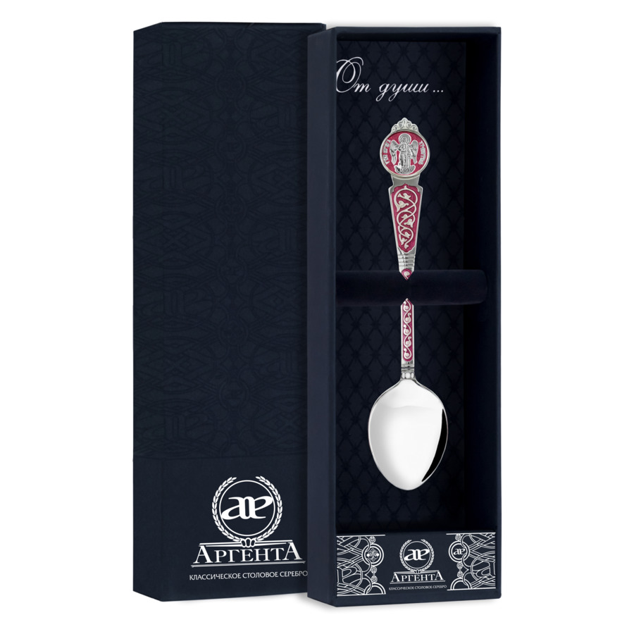 Ложка чайная в футляре АргентА От Души Ангел-Хранитель с красной эмалью 13,23 г, серебро 925