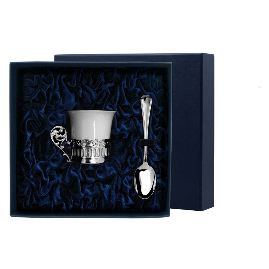 Чашка кофейная с ложкой в футляре АргентА Серебро и Фарфор Богема 39,2 г, серебро 925 цена и фото