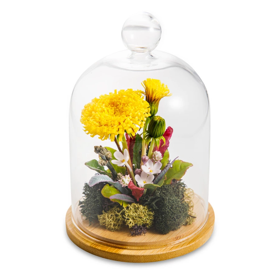 Одуванчик с полевыми цветами из холодного фарфора в куполе