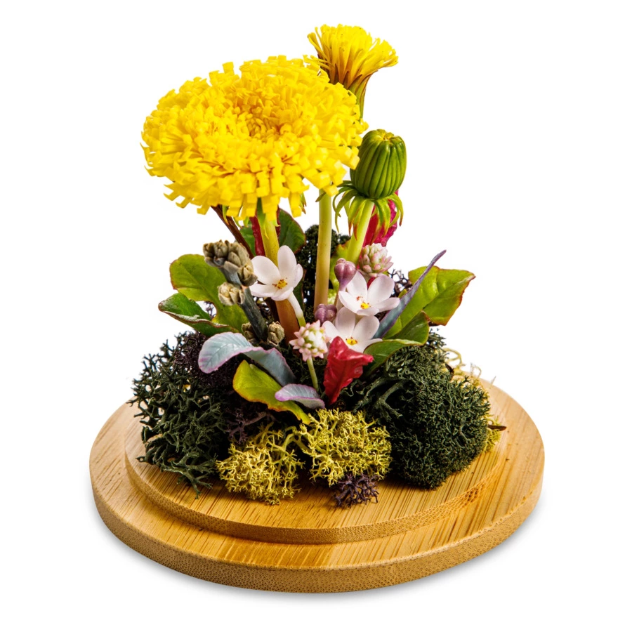 Одуванчик с полевыми цветами из холодного фарфора в куполе