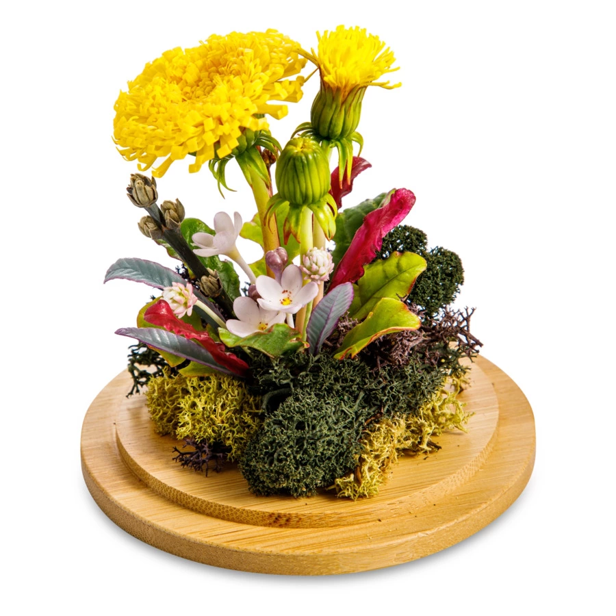 Одуванчик с полевыми цветами из холодного фарфора в куполе