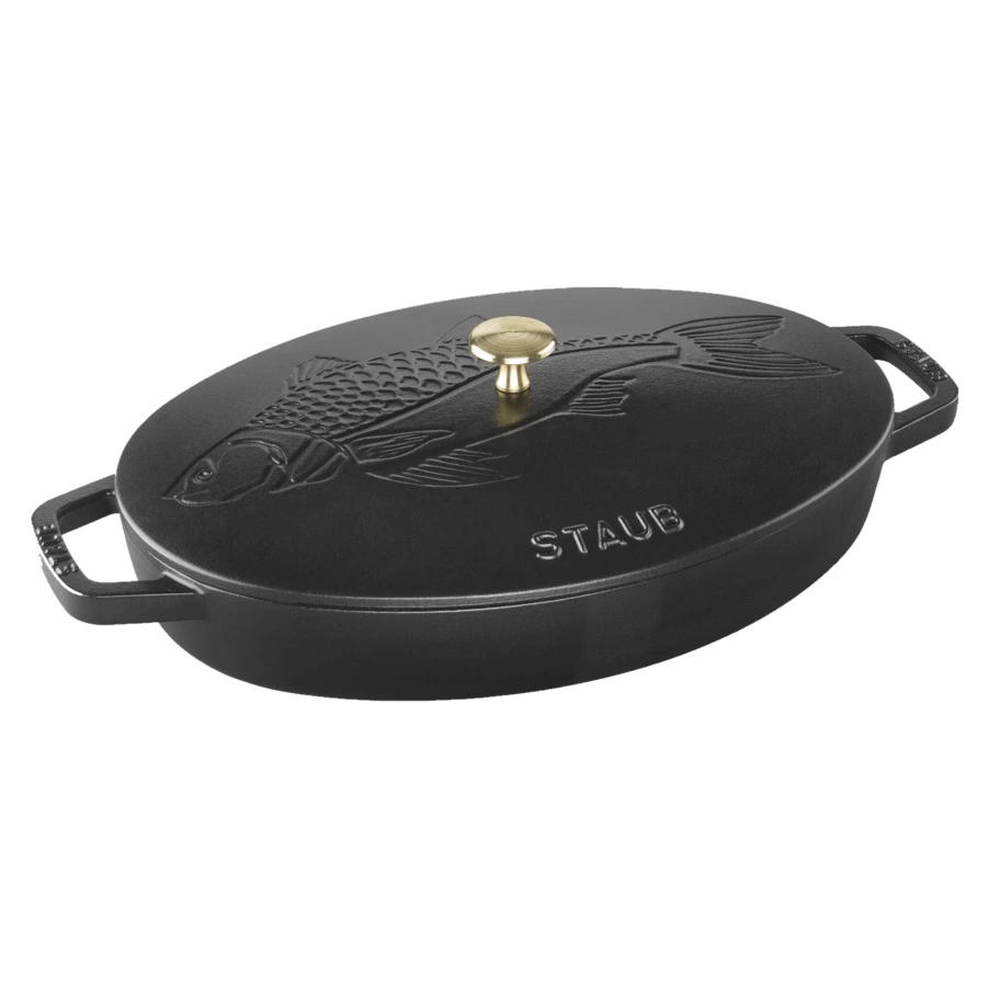 Сковорода овальная для рыбы с чугунной крышкой Staub 33 см 2,8 л, черная, чугун